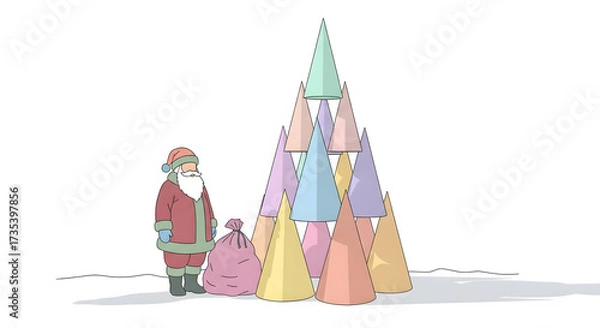 Fototapeta Whimsical illustration of santa claus standing next to a colorful tower of pastel christmas trees isolated on white background