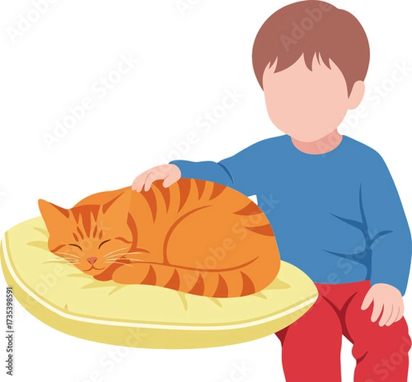 Obraz Boy Holding Cat on Cushion
