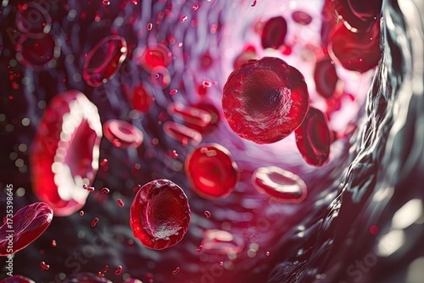 Fototapeta Photorealistic microscopic view of red blood cells and single white leukocyte