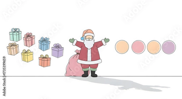 Fototapeta Santa claus with open arms and a sack of presents standing in front of a wall with gift boxes and colorful circles isolated on white background