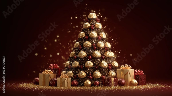 Fototapeta Festive Delights: A dazzling Christmas tree made of delicious treats, complemented by beautifully wrapped gifts, sparkling gold flakes, all set against a warm, inviting backdrop.