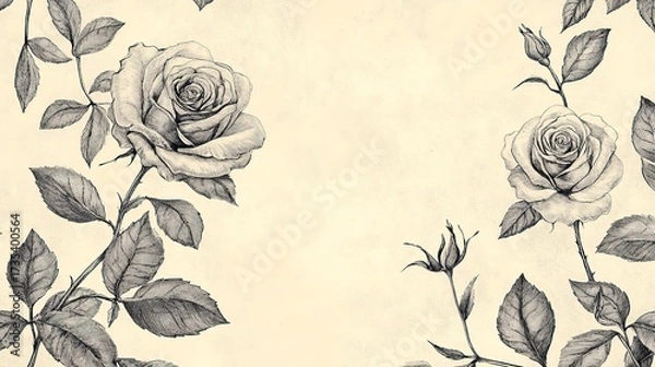 Fototapeta Vintage rose illustrations with delicate details on a soft cream background enhancing elegance