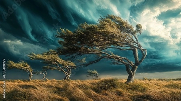 Fototapeta Wind bends trees under stormy sky with dramatic clouds and golden grass