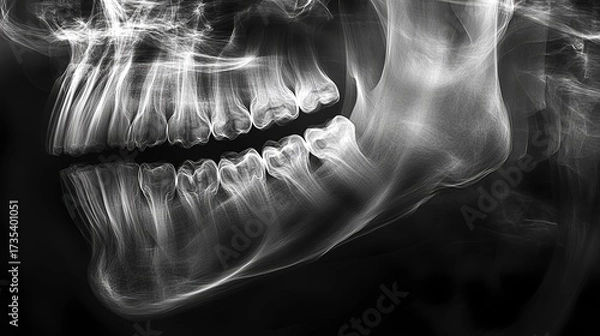 Fototapeta X-ray of teeth displayed on a monitor in dental clinic, showing detailed jaw and dental structure