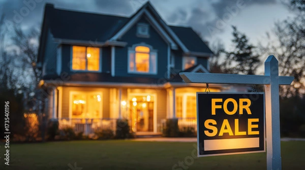 Fototapeta Dream Home for Sale at Dusk: A beautifully lit property under a twilight sky, advertising a unique opportunity, showcasing aspiration of homeownership, and capturing the essence of comfort, security.