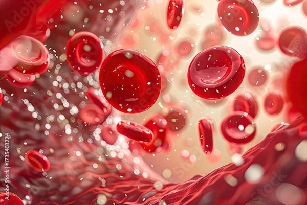 Fototapeta Photorealistic microscopic view of red blood cells and single white leukocyte