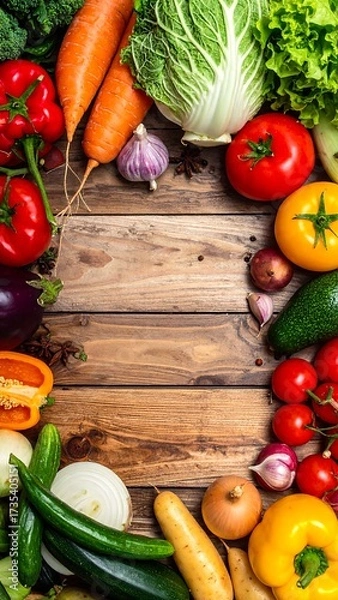 Obraz Colorful assortment of fresh vegetables arranged on a wooden table