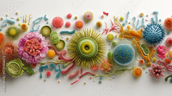 Obraz A colorful and detailed arrangement of various microorganisms on a white surface in a detailed view
