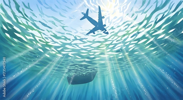 Fototapeta Vibrant underwater view of an airplane overhead and a boat below, bathed in stunning sun rays