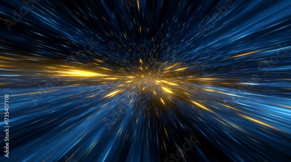 Obraz Abstract hyperspace jump with blue and golden streaks creating a sense of speed and motion blur