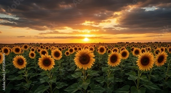 Fototapeta Field of sunflowers under a dramatic sunset sky with vibrant yellow blossoms in nature scenery