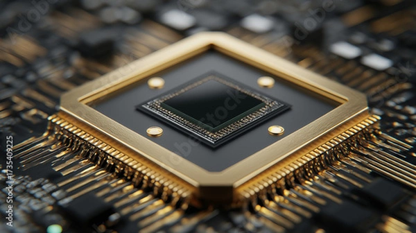 Obraz Close up of a central processing unit with golden accents and black background motherboard details