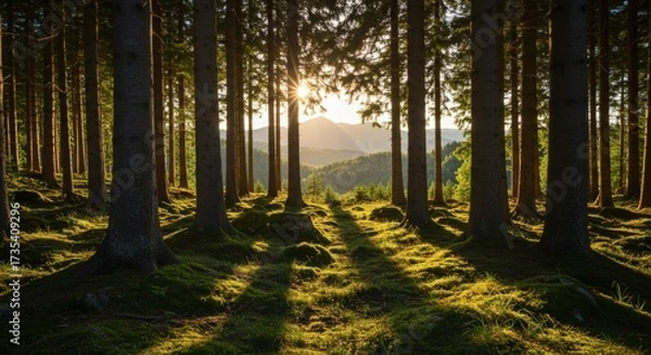 Fototapeta Forest landscape featuring rows of tall trees with sunlight shining through creating shadows and a natural environment scene