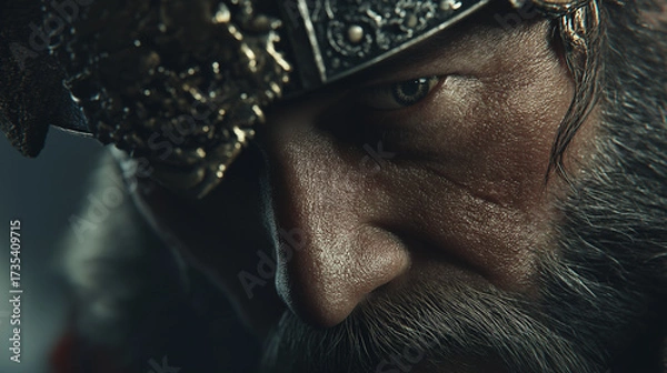 Obraz Extreme close up of a warrior's face with a helmet showing determination and strength in the shadows
