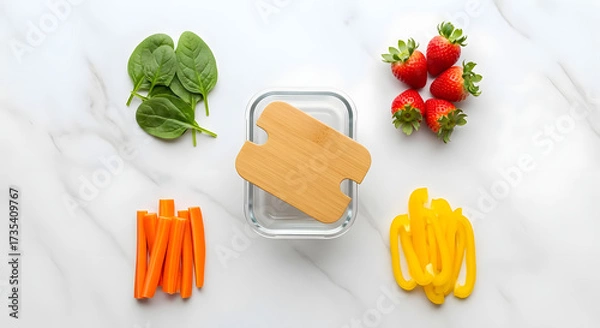 Fototapeta Vibrant fresh vegetables and fruits arranged around a stylish glass container for healthy meal prep