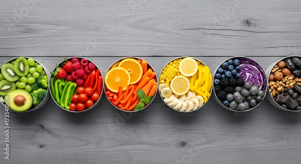 Fototapeta Stunning array of colorful fresh fruits, vegetables, and superfoods promoting healthy vibrant living