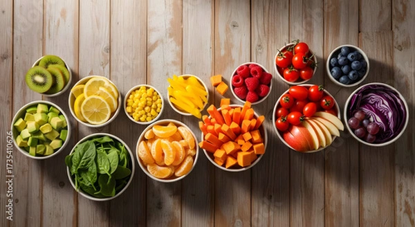 Fototapeta Enjoy a stunning vibrant array of fresh, colorful fruits and vegetables for a healthy, nutritious lifestyle