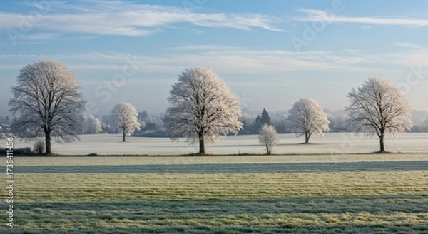 Fototapeta Frosty trees on a grassy field under a blue sky scenic landscape nature photography