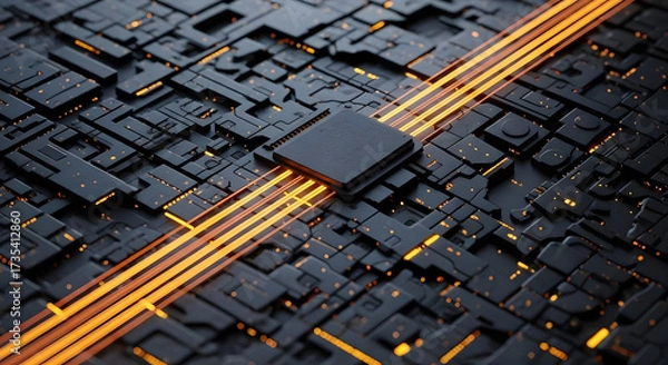 Fototapeta Modern CPU chip with glowing pathways conveys advanced technology and futuristic innovation, powering digital advancements