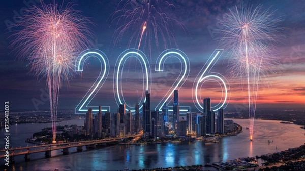 Obraz Exciting 2026 cityscape celebration with fireworks at twilight skyline