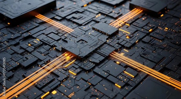 Fototapeta High tech motherboard with glowing pathways for modern technology and future innovations of circuit board design