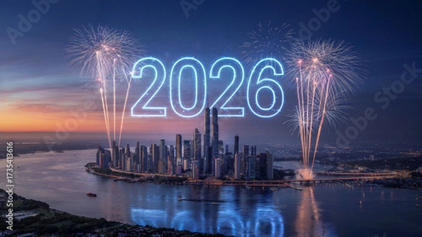 Obraz Welcome 2026 with dazzling fireworks over a modern city skyline