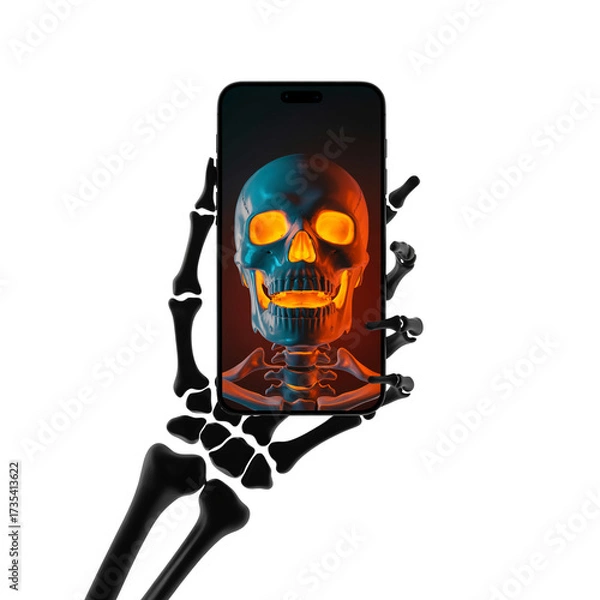 Obraz Spooky skeleton holding phone with glowing skull for Halloween ads now