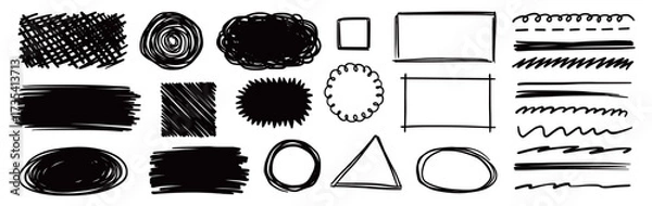 Fototapeta Pencil scribble vector frame set. Hand drawn pencil texture scribble stroke rectangle, circle frame and underline. Grunge sketch marker cloud bubble, geometric shape. Vector illustration