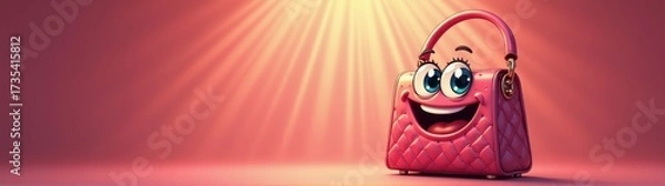 Fototapeta Cartoon handbag with eyes and a smile on a pink background