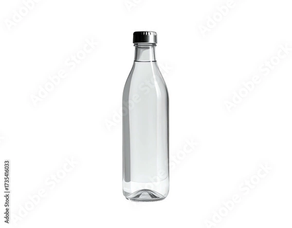 Fototapeta Clear glass bottle filled with liquid, with a metallic cap, on a black background