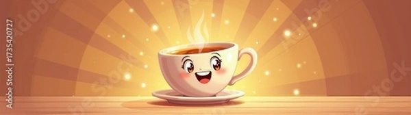 Fototapeta Cartoon coffee cup with a happy face on a saucer