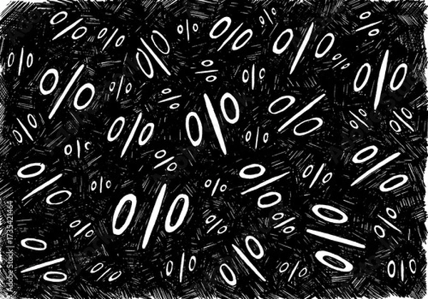 Fototapeta Abstract background with chaotically scattered percentage symbols. The dense black hatching creates a textured background, while the white, hand-drawn symbols. Perfect for discount and sale themes.