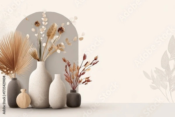 Fototapeta Minimalist Boho Floral Arrangement: a collection of neutral-toned vases featuring pampas grass, sprigs, and leaves in a minimalistic and elegant scene, representing a soft, artistic aesthetic.