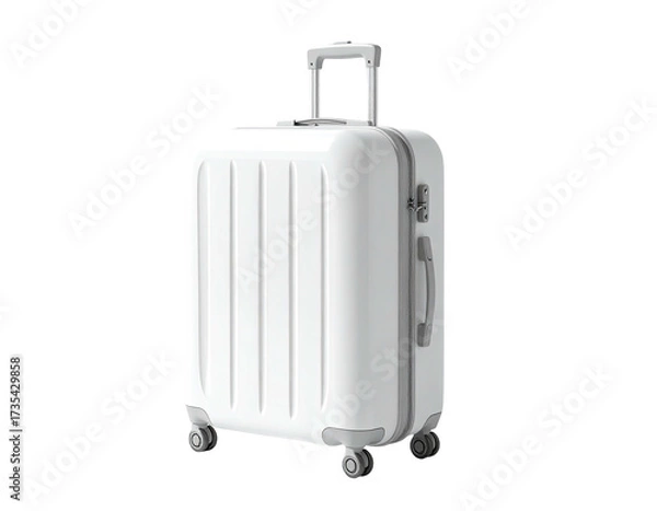 Obraz A white, rectangular suitcase with wheels and a retractable handle, isolated