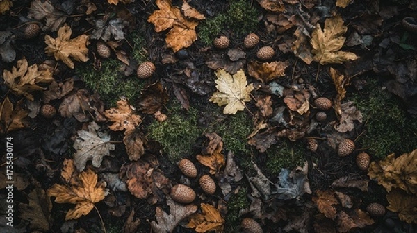 Fototapeta Colorful fallen leaves and acorns blanket the forest floor in autumn