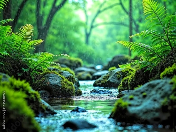 Fototapeta Rain Falling on Stream with Rocks and Ferns in Green Forest