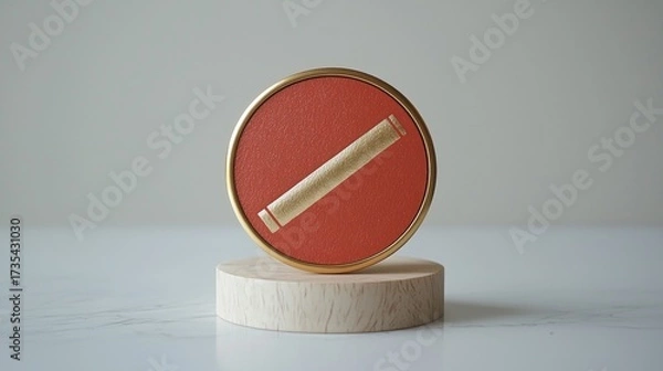 Fototapeta Bold round badge with a red background and a white stripe on a wooden base indoors