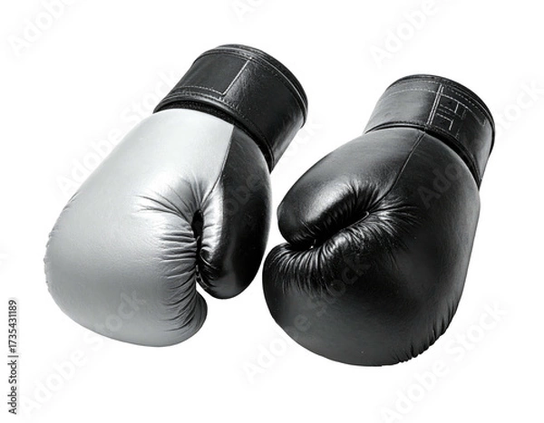 Obraz A pair of boxing gloves, one black, one silver, on a black background
