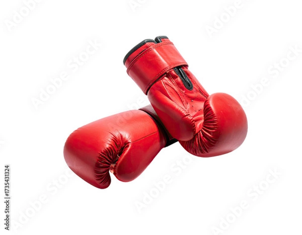 Obraz Two bright red leather boxing gloves, one over the other, against a black background