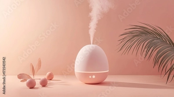 Fototapeta Elegant diffuser releases calming mist in a soft pastel setting with natural elements