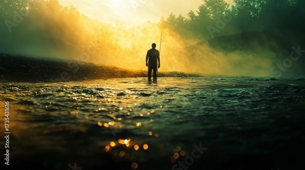 Fototapeta Silhouette of fisherman standing in river at dawn as mist rises and sunlight filters through trees