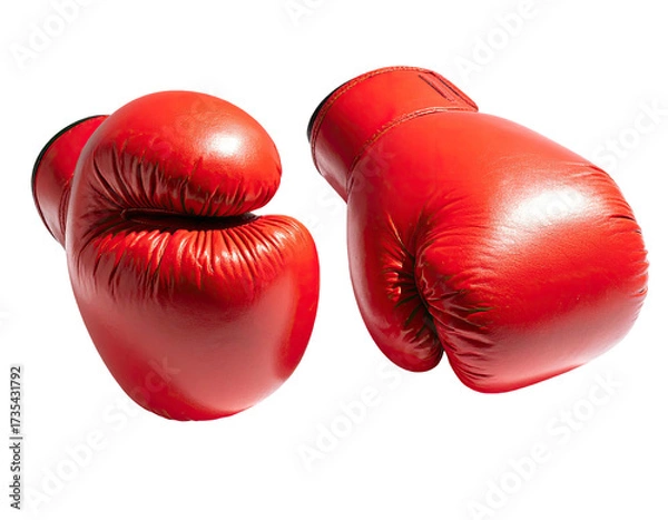 Fototapeta Two vibrant red boxing gloves against a stark black background, showcasing detail