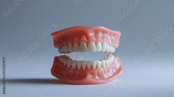 Fototapeta Unique view of a set of artificial teeth resting on a flat surface