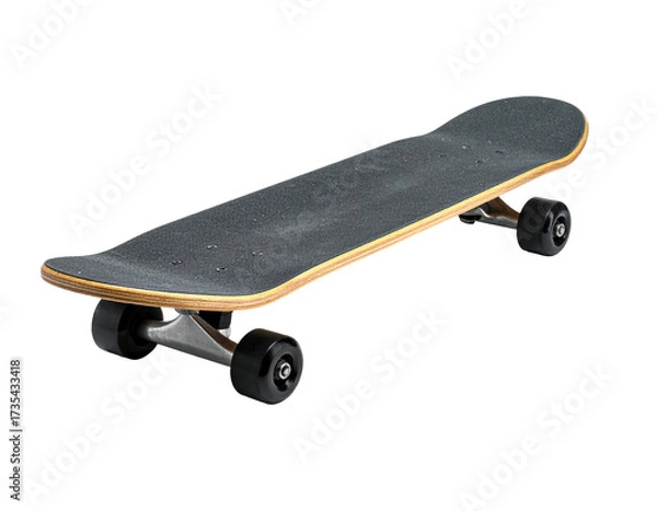 Obraz Perspective shot of a well-used, wooden skateboard isolated on a solid black backdrop