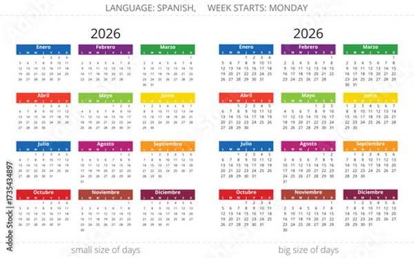 Fototapeta 2026 spanish calendar. Multicolor vector illustration for Spain - year calendario. Two sizes days
