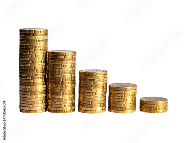 Obraz Stacks of golden coins decreasing in size, illustrating financial decline on black
