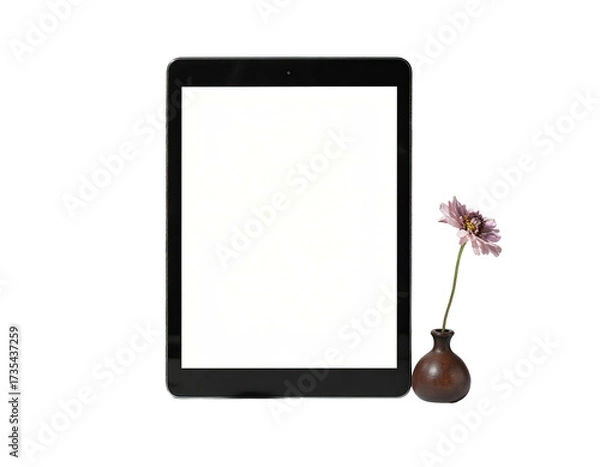 Obraz Tablet with white screen and flower in vase against a black background