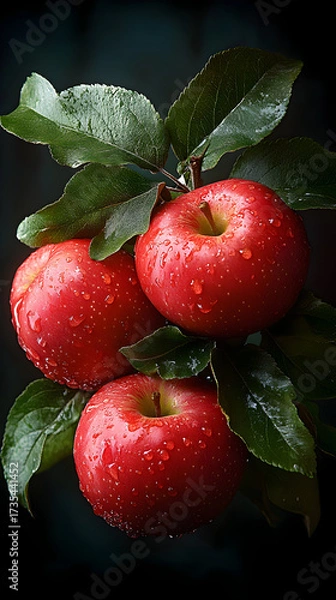 Fototapeta Fresh Red Apples on a Branch with Water Drops on a Dark Background.