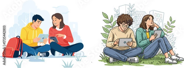 Fototapeta Students using tablets outdoors, digital learning, campus collaboration, modern education, youth technology, study group, teamwork, academic lifestyle,smart devices