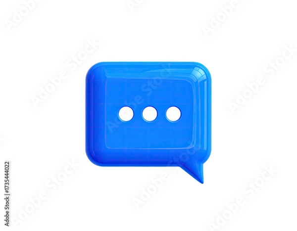 Fototapeta A glossy, blue 3D chat bubble icon with three dots on a stark black background